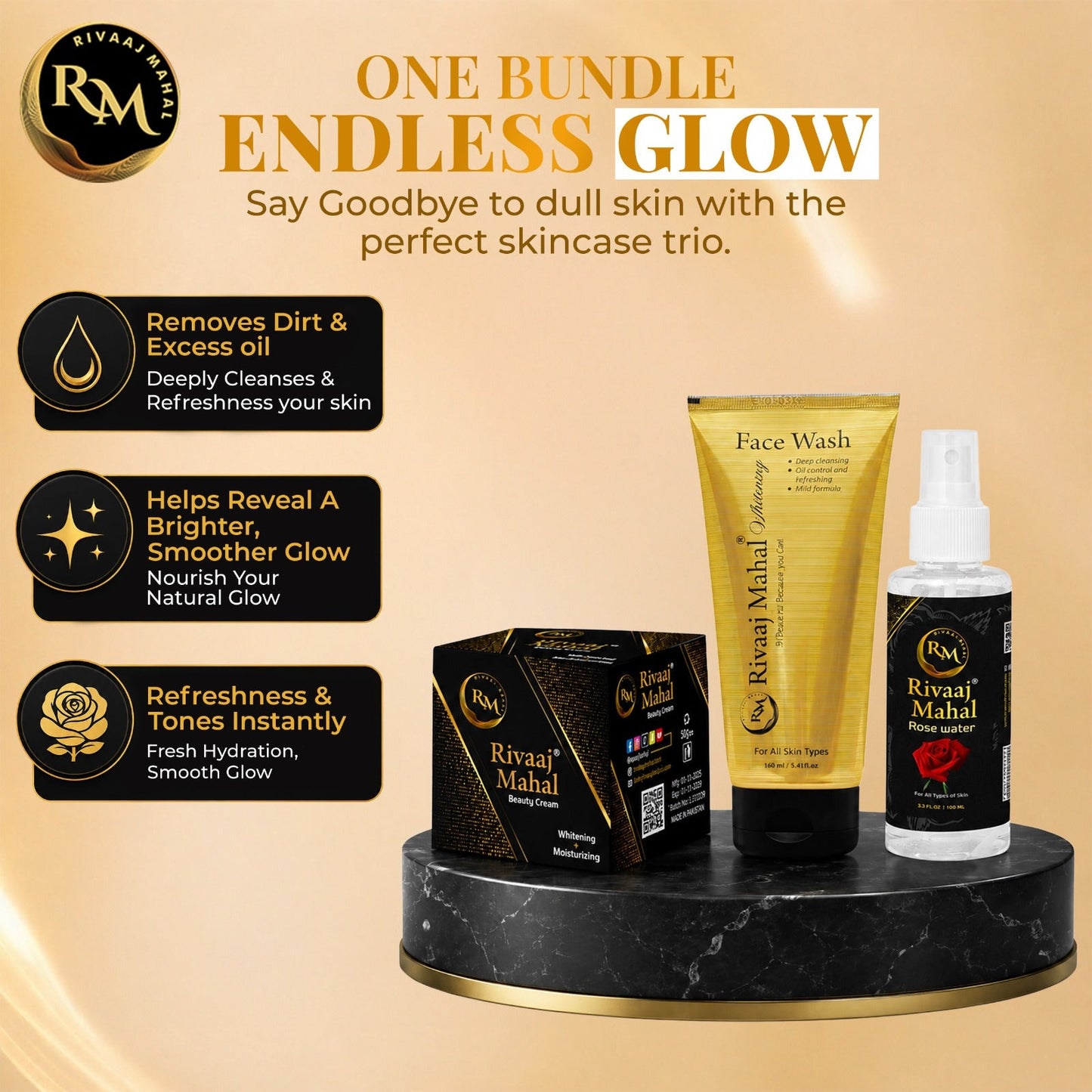 Rivaaj Mahal Beauty Cream, Face Wash, and Rose Water, Bundle