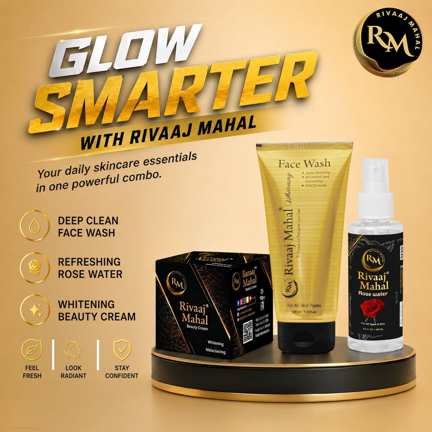 Rivaaj Mahal Beauty Cream, Face Wash, and Rose Water, Bundle