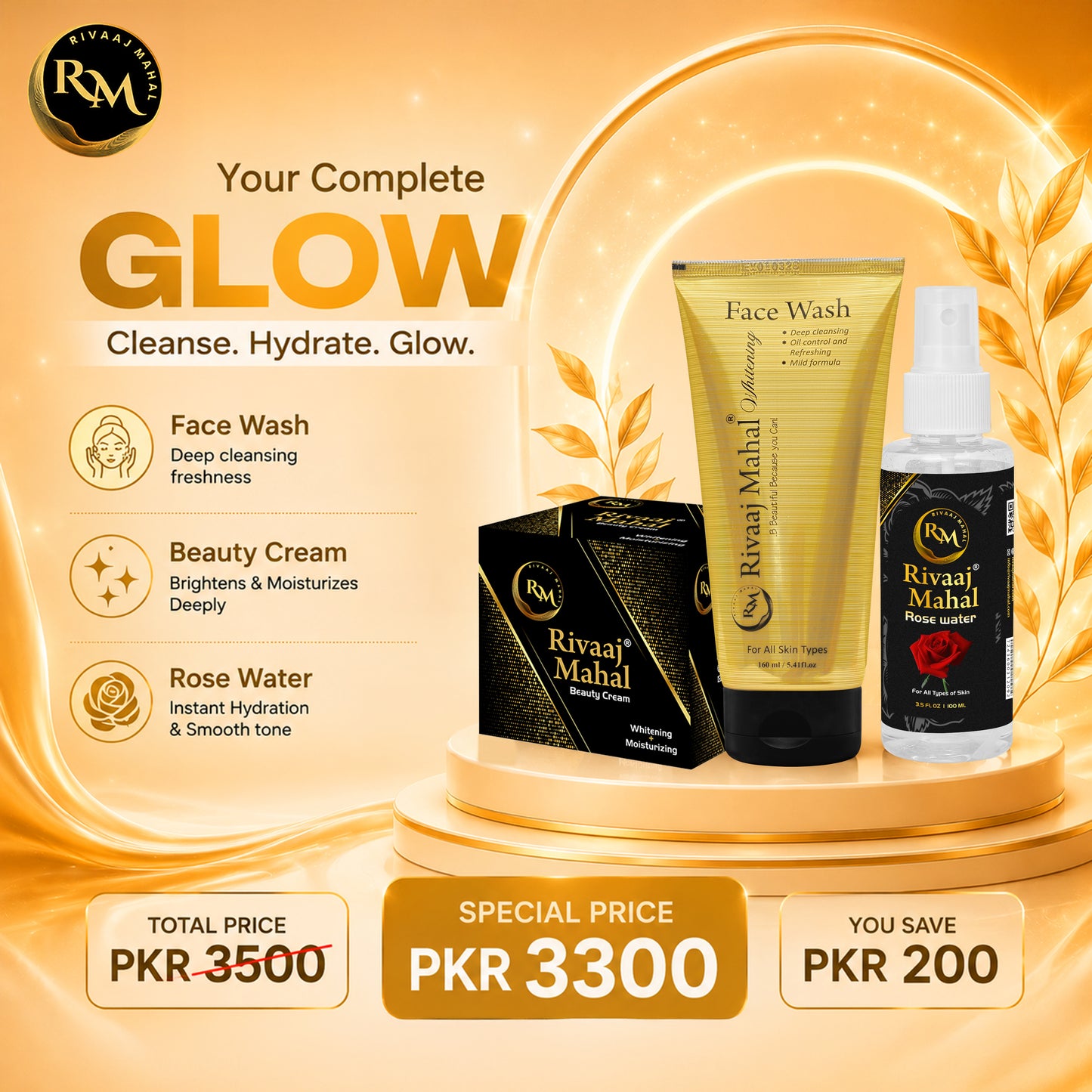 Rivaaj Mahal Beauty Cream, Face Wash, and Rose Water, Bundle