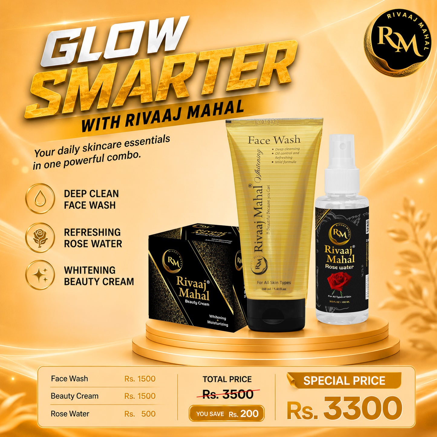 Rivaaj Mahal Beauty Cream, Face Wash, and Rose Water, Bundle